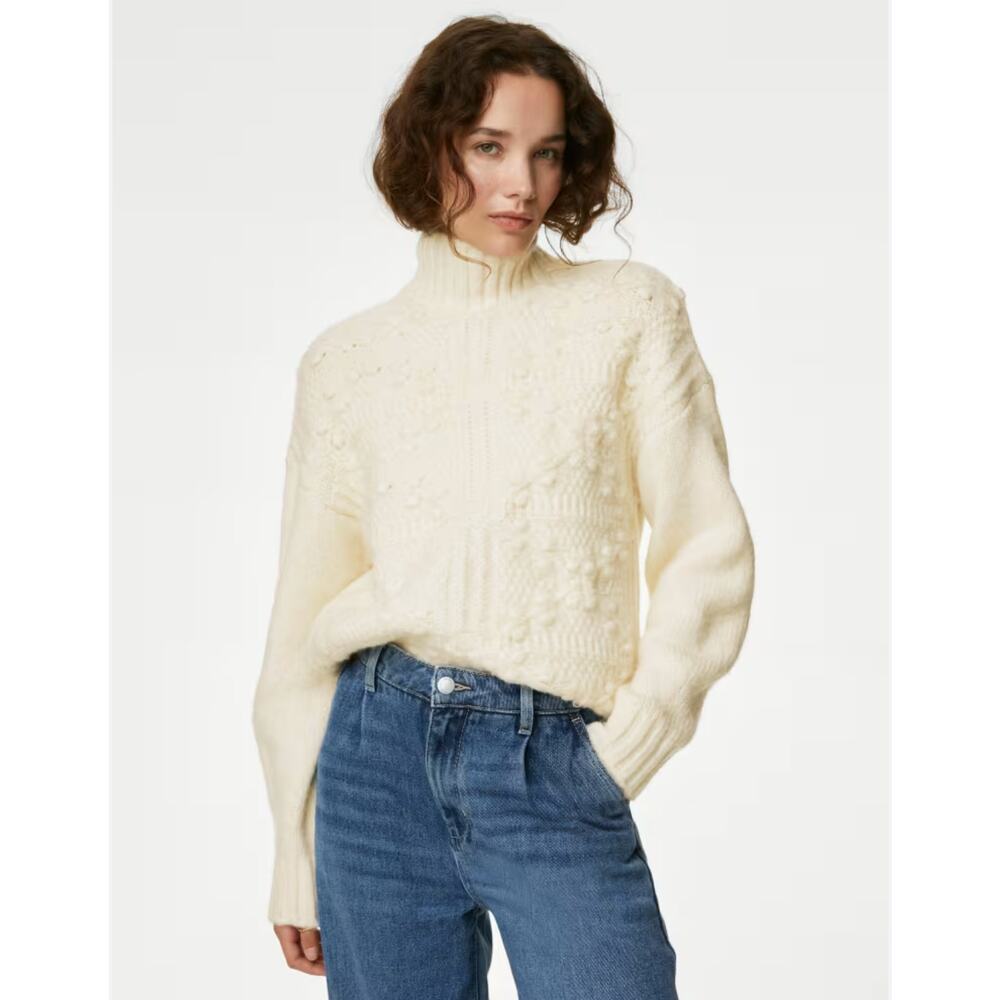 Per Una Wool Blend Cable Knit Sweater Women's Size S Cream Off White Bauble